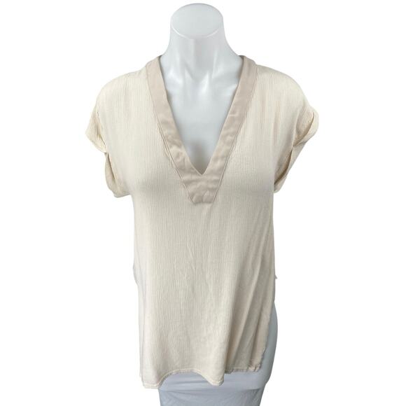 Zara Tops - Zara Women's Cream Tan Plunge V-Neck Short Sleeve Shirt Blouse Tunic Top Size M